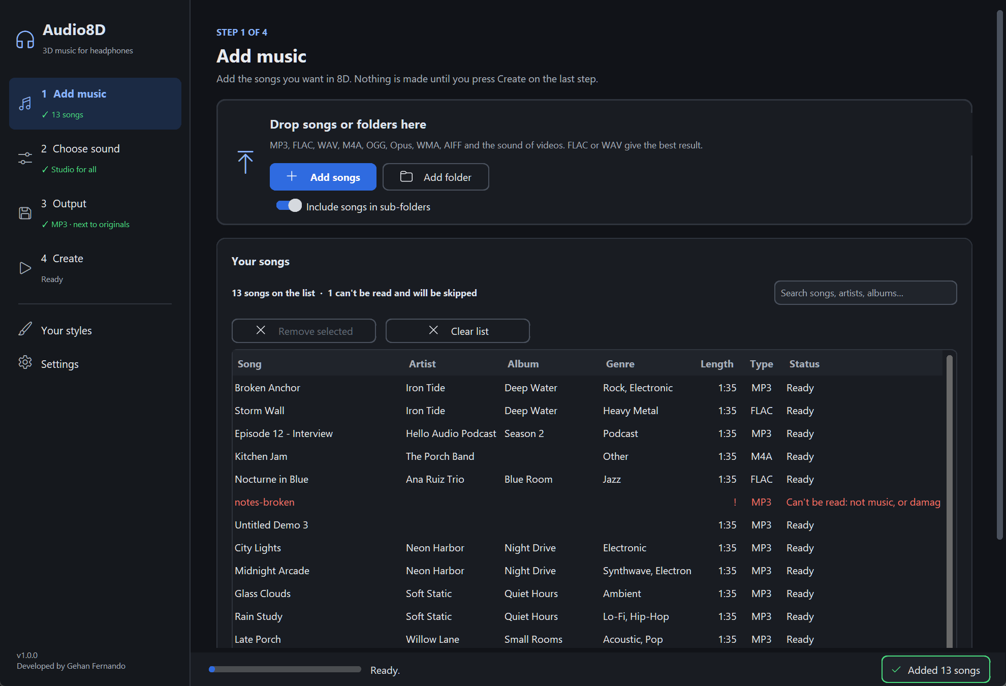 Step 1 with 13 songs added: a table with Song, Artist, Album, Genre, Length, Type and Status columns; one file, notes-broken, is red with 'Can't be read: not music, or damaged'; a note says Added 13 songs.