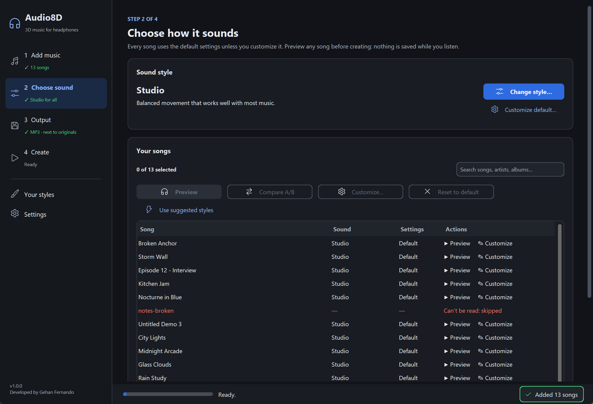 Audio8D's step 2, Choose how it sounds: the Sound style card shows Studio with Change style and Customize default buttons; below it Your songs with the buttons Preview, Compare A/B, Customize, Reset to default and Use suggested styles, and the list of songs with Song, Sound, Settings (Default) and Actions (Preview, Customize) columns.