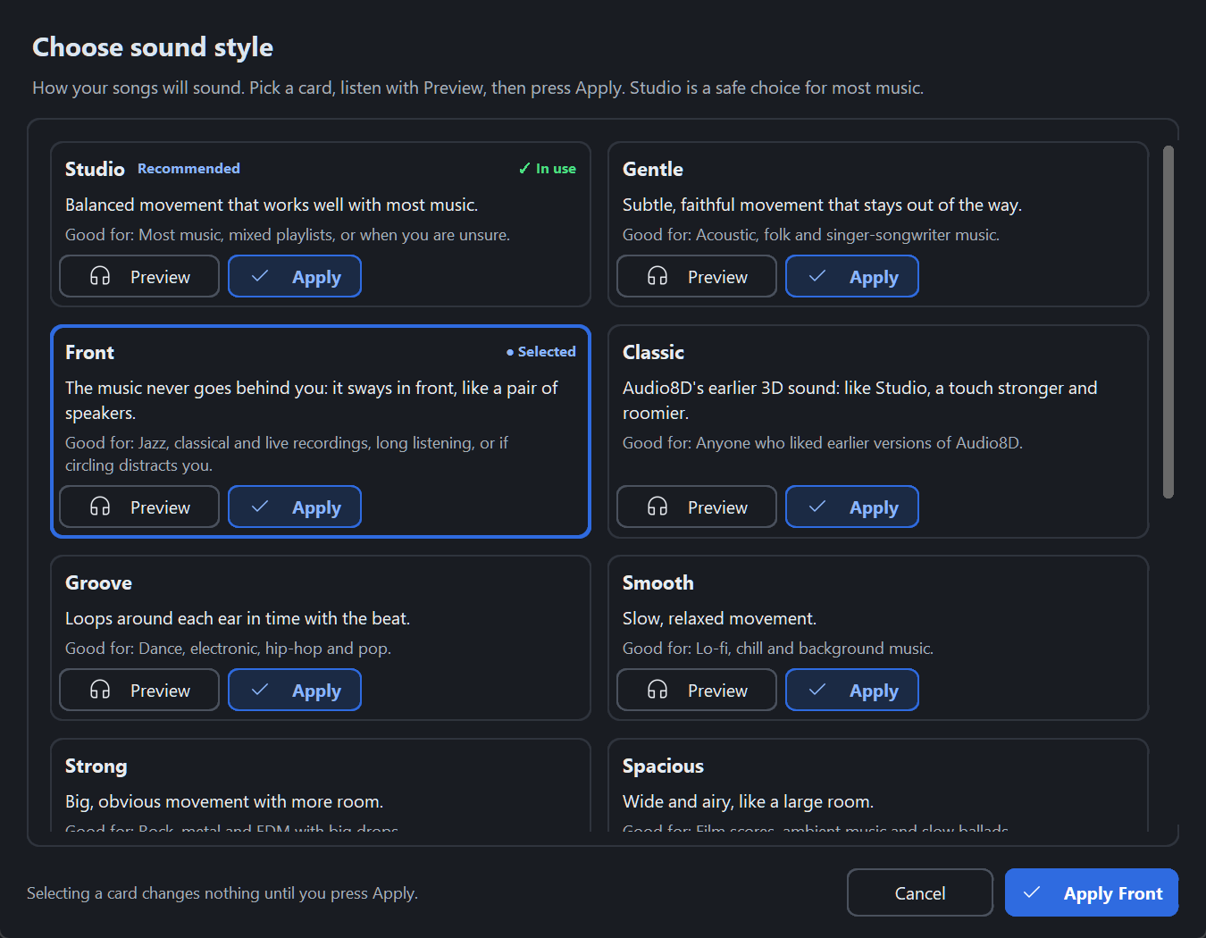 The Choose sound style dialog: cards for Studio (Recommended, In use), Gentle, Front (Selected), Classic, Groove, Smooth, Strong and Spacious, each with one sentence, Good for, and Preview and Apply buttons; more cards below; Cancel and Apply Front at the bottom.