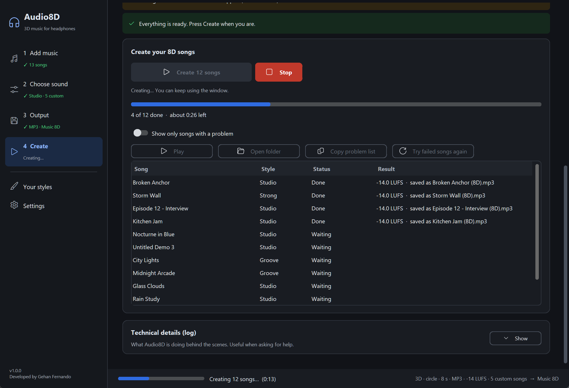 Creating: the Create 12 songs button greyed out, a red Stop button, the progress bar at one third, '4 of 12 done · about 0:26 left', and rows saying Done (-14.0 LUFS · saved as … (8D).mp3) and Waiting.