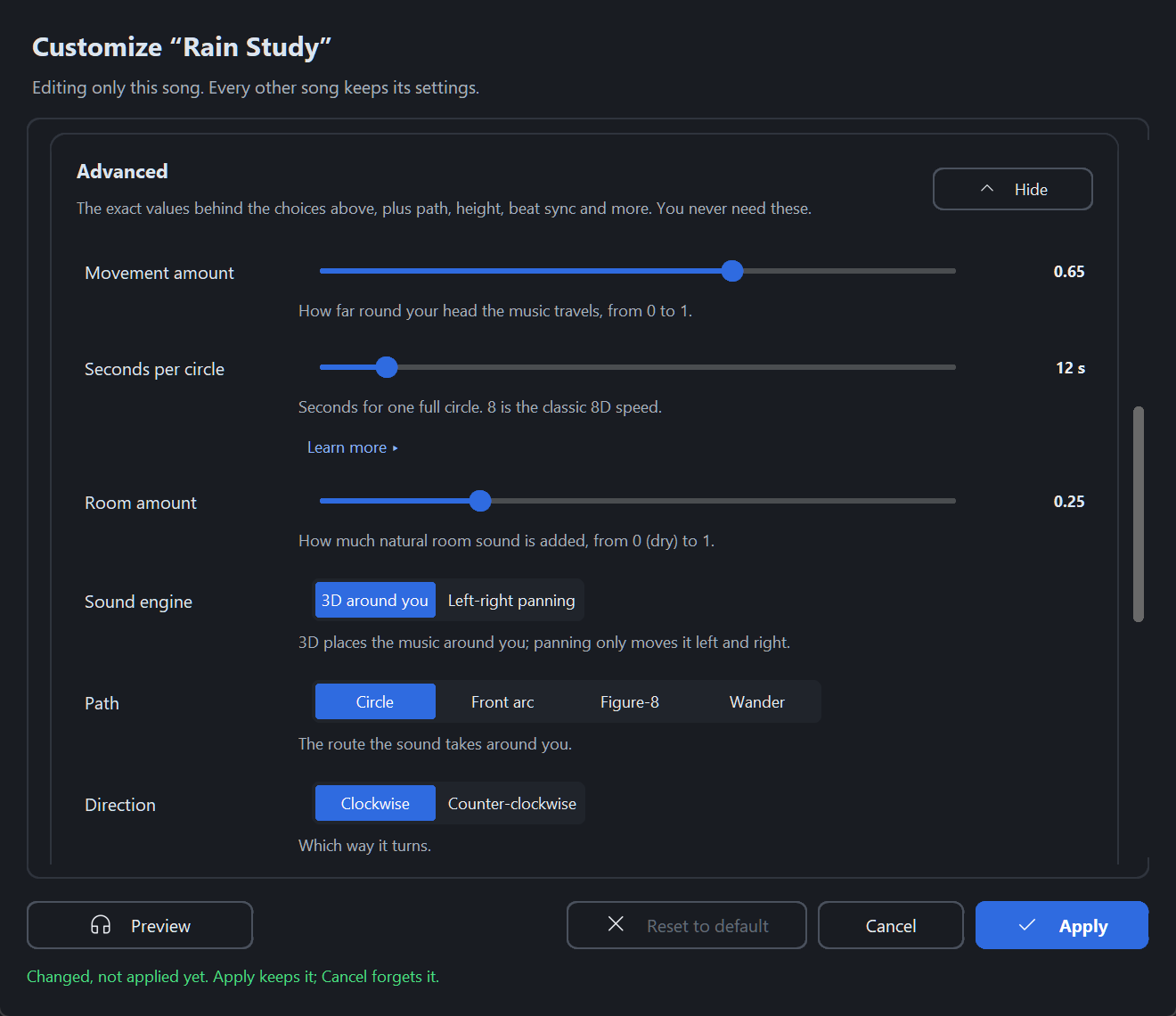 The Customize dialog with Advanced open: sliders for Movement amount 0.65, Seconds per circle 12 s and Room amount 0.25, and choices for Sound engine, Path and Direction.