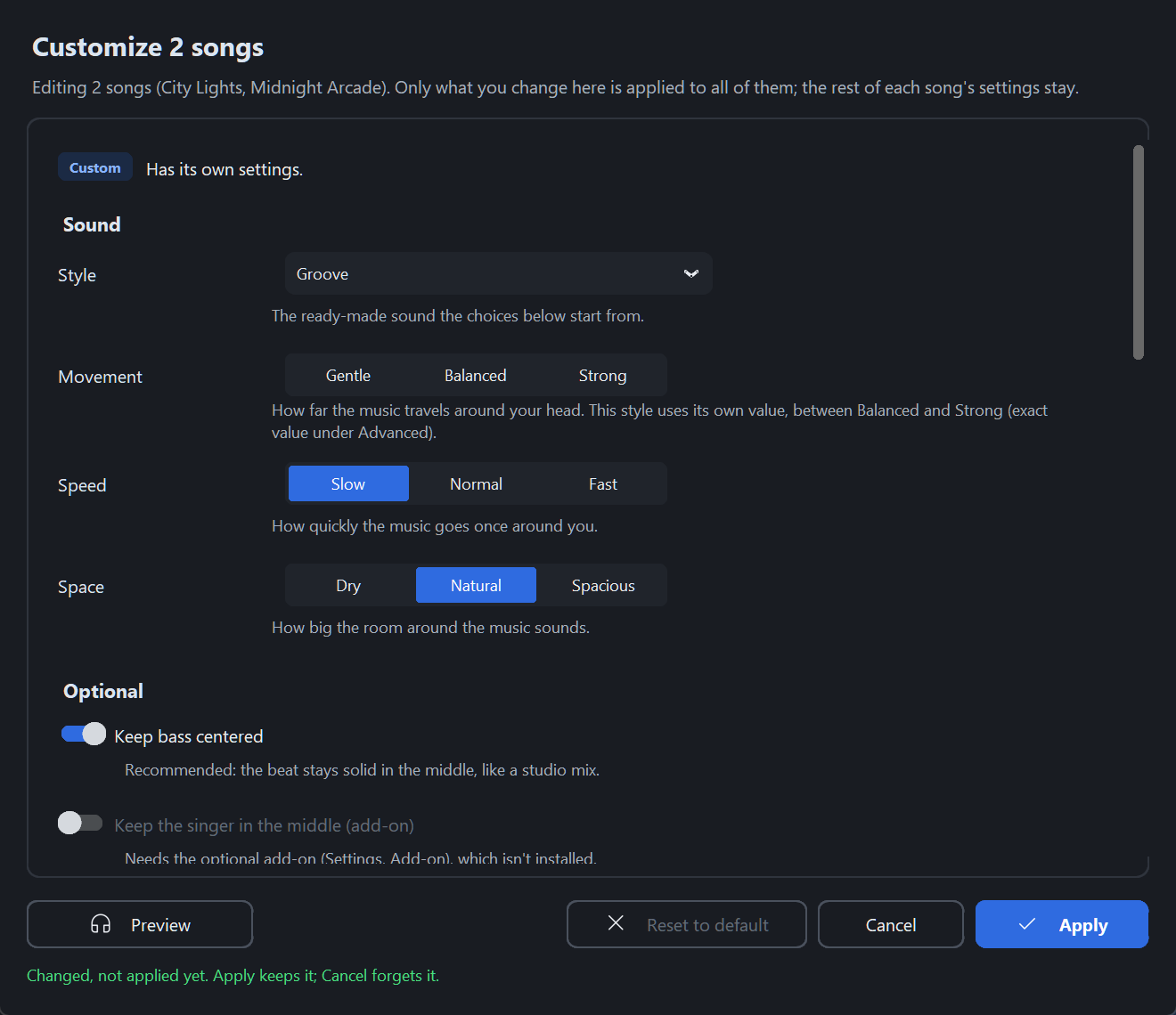 The Customize 2 songs dialog: 'Editing 2 songs (City Lights, Midnight Arcade). Only what you change here is applied to all of them', with Style set to Groove.