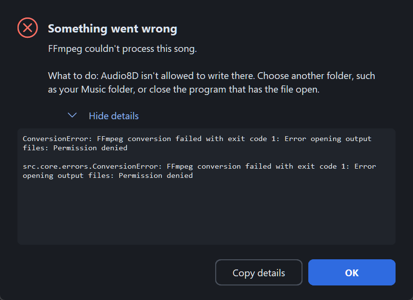 The same message with Show details opened: the exact technical error below the plain words.