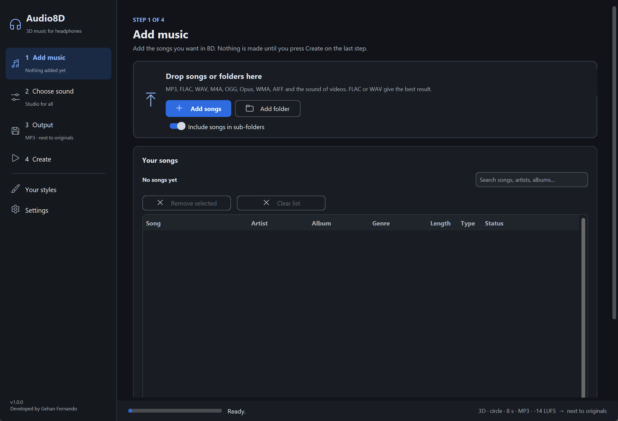 The Audio8D window on first start: step 1 Add music with an area saying Drop songs or folders here, the Add songs and Add folder buttons, the Include songs in sub-folders switch, and an empty song list.