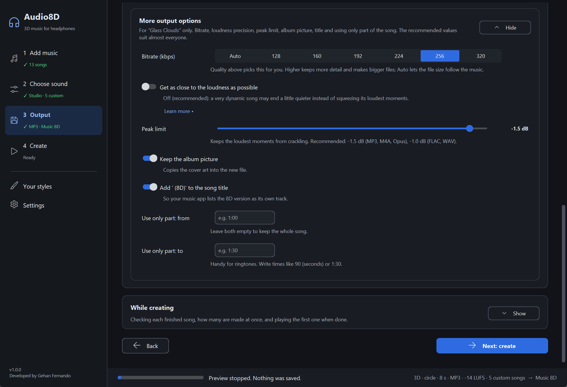 More output options open for “Glass Clouds” only: Bitrate (kbps) Auto to 320 with 256 chosen, Get as close to the loudness as possible (off), Peak limit slider at -1.5 dB, Keep the album picture, Add (8D) to the song title, Use only part: from / to.
