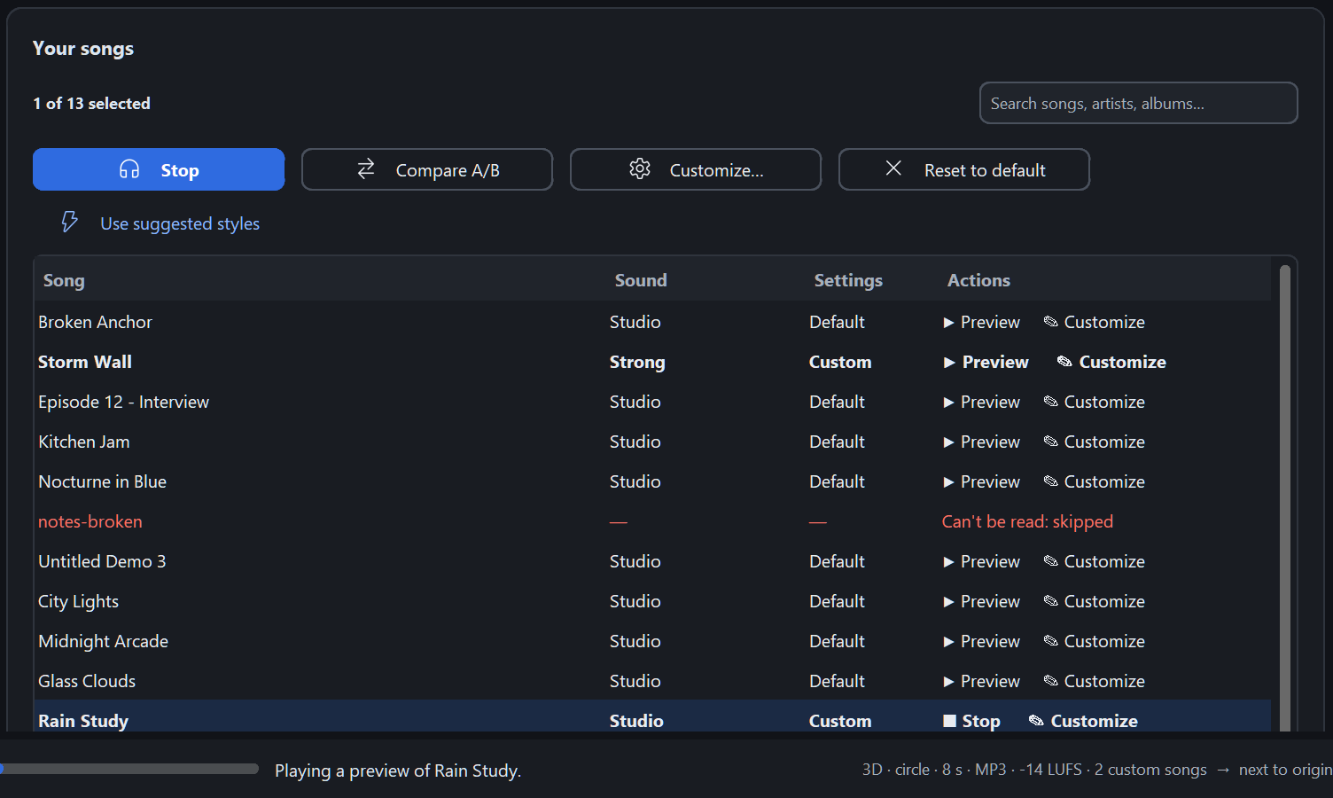 The song list while a preview plays (Windows): the toolbar button says Stop, and Rain Study's row says Stop and Customize; the status bar says Playing a preview of Rain Study.