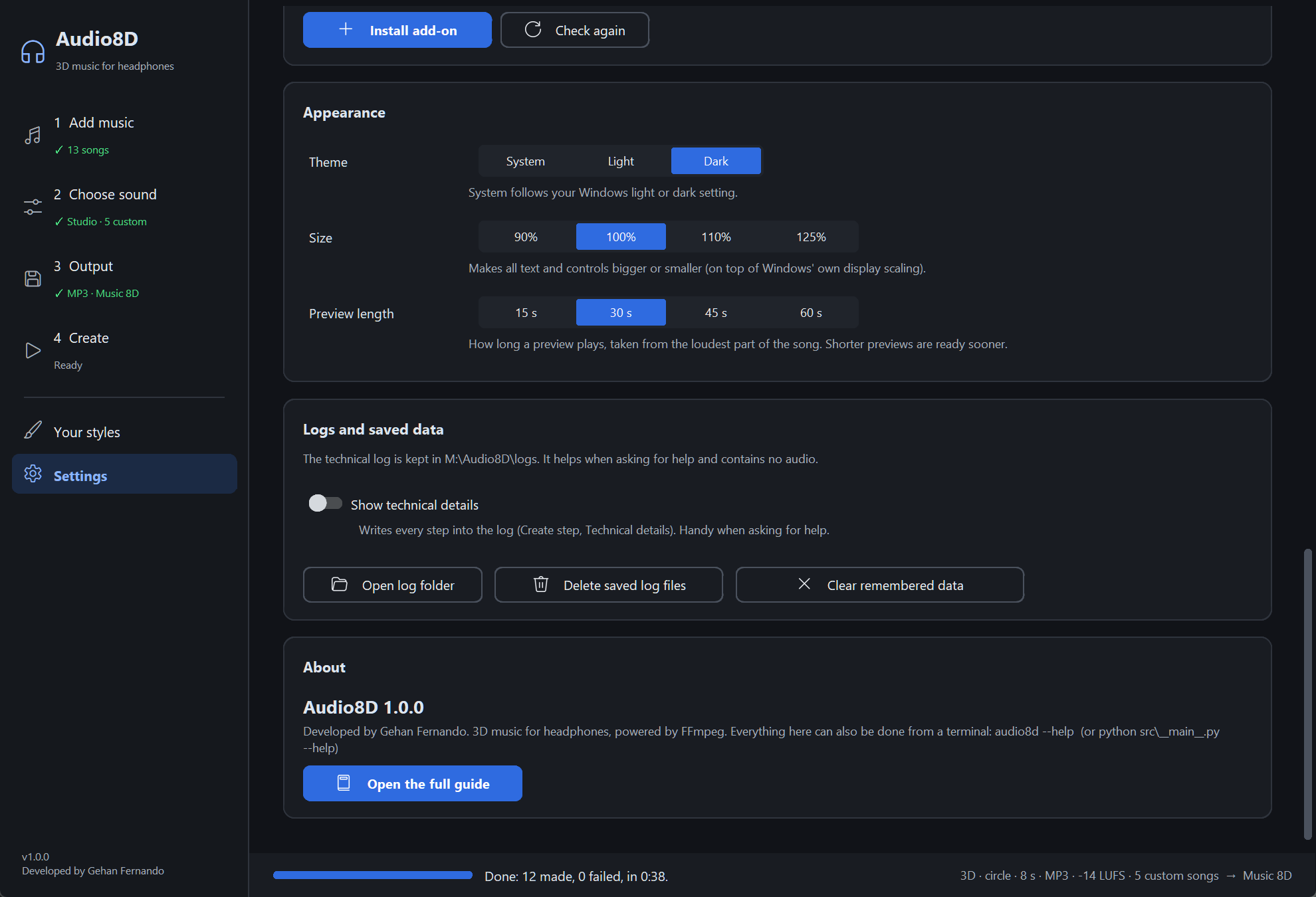 The end of Settings: Appearance with Theme (System, Light, Dark), Size (90% to 125%) and Preview length (15 s to 60 s); Logs and saved data with where the log is kept, Show technical details, and the buttons Open log folder, Delete saved log files and Clear remembered data; About with Open the full guide.