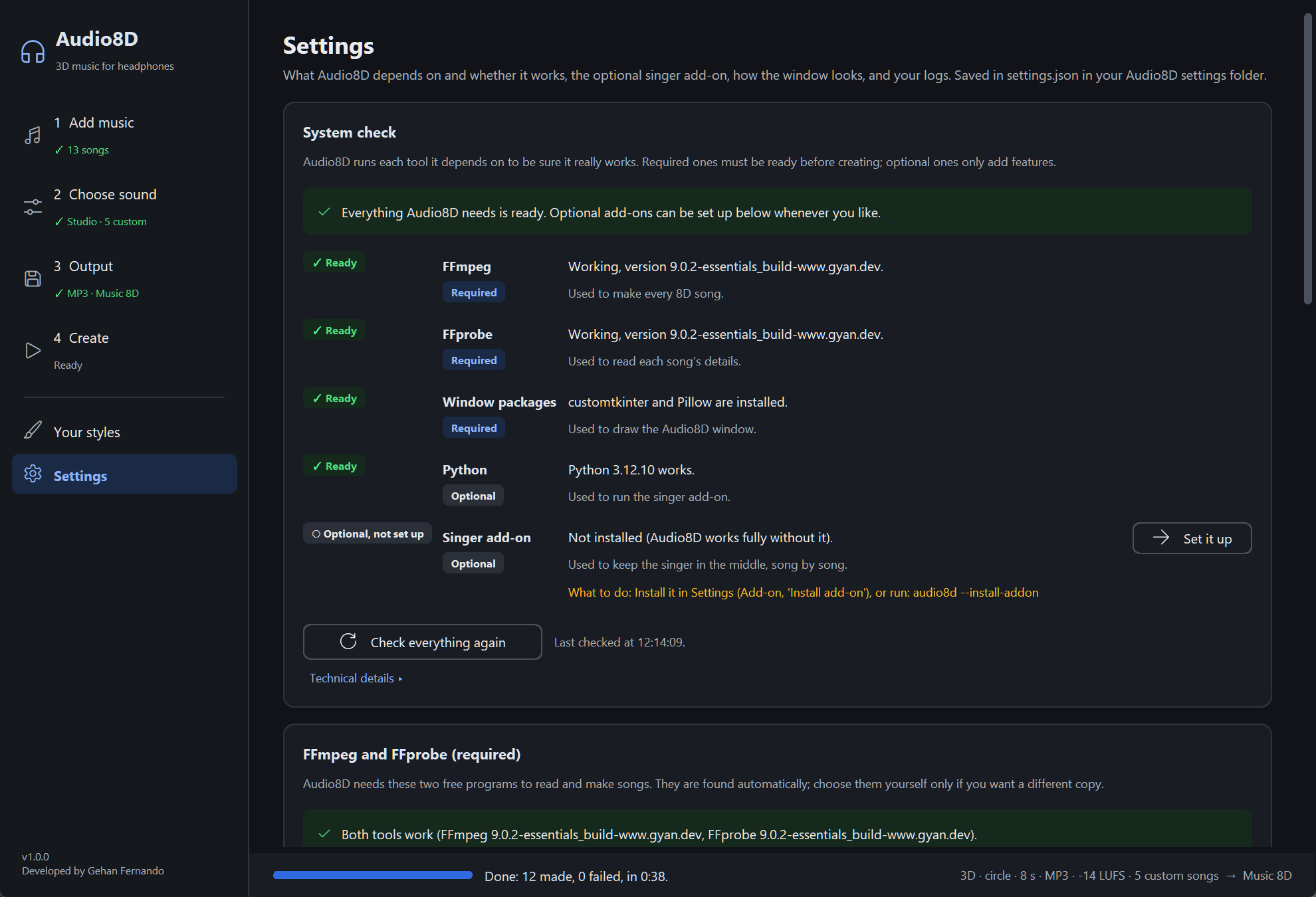 Settings, System check: Everything Audio8D needs is ready; FFmpeg, FFprobe and Window packages are Ready and Required, Python is Ready and Optional, the Singer add-on is Optional, not set up, with a Set it up button; Check everything again; below it the FFmpeg and FFprobe card.