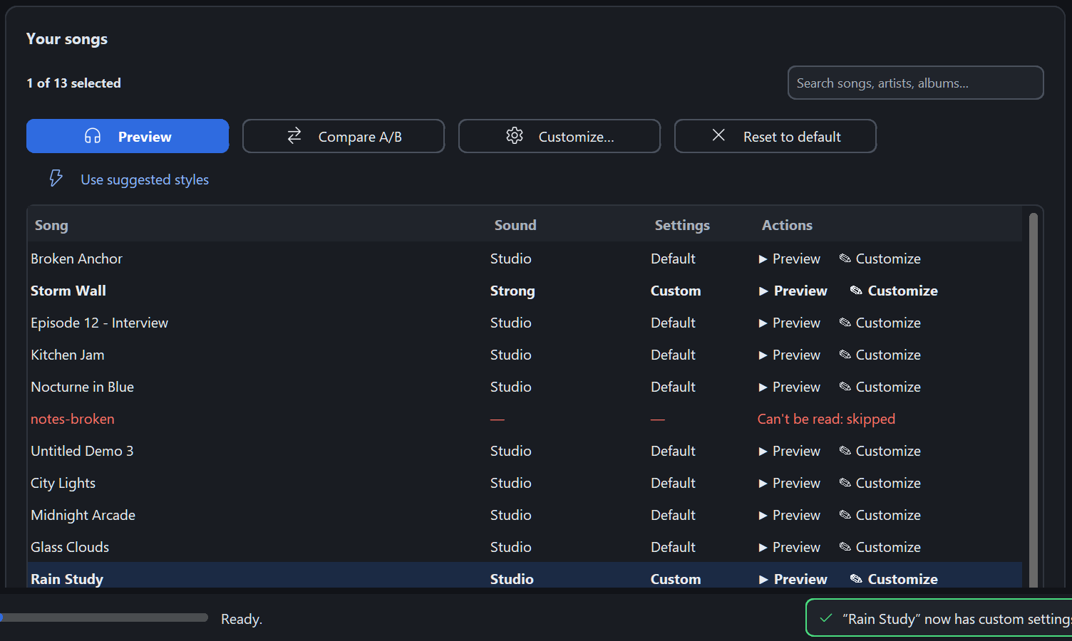 The song list with Rain Study selected: Storm Wall shows Sound Strong and Settings Custom, Rain Study shows Studio and Custom, every other song shows Studio and Default; each row has Preview and Customize; above the list are Preview, Compare A/B, Customize, Reset to default and Use suggested styles.