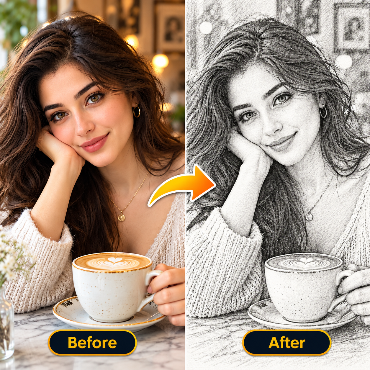 Before-and-after example: a colour portrait of a woman holding a latte, and a black-and-white pencil-sketch version of the same photo