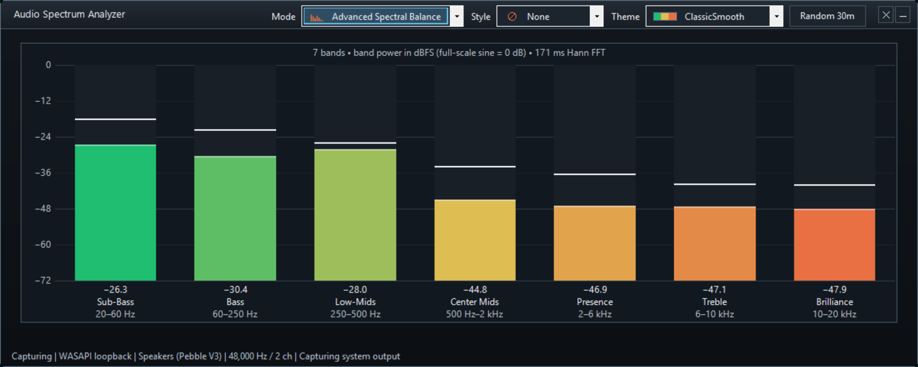 Advanced Spectral Balance mode - Seven FFT-measured bands in dBFS in Spectrum audio analyzer