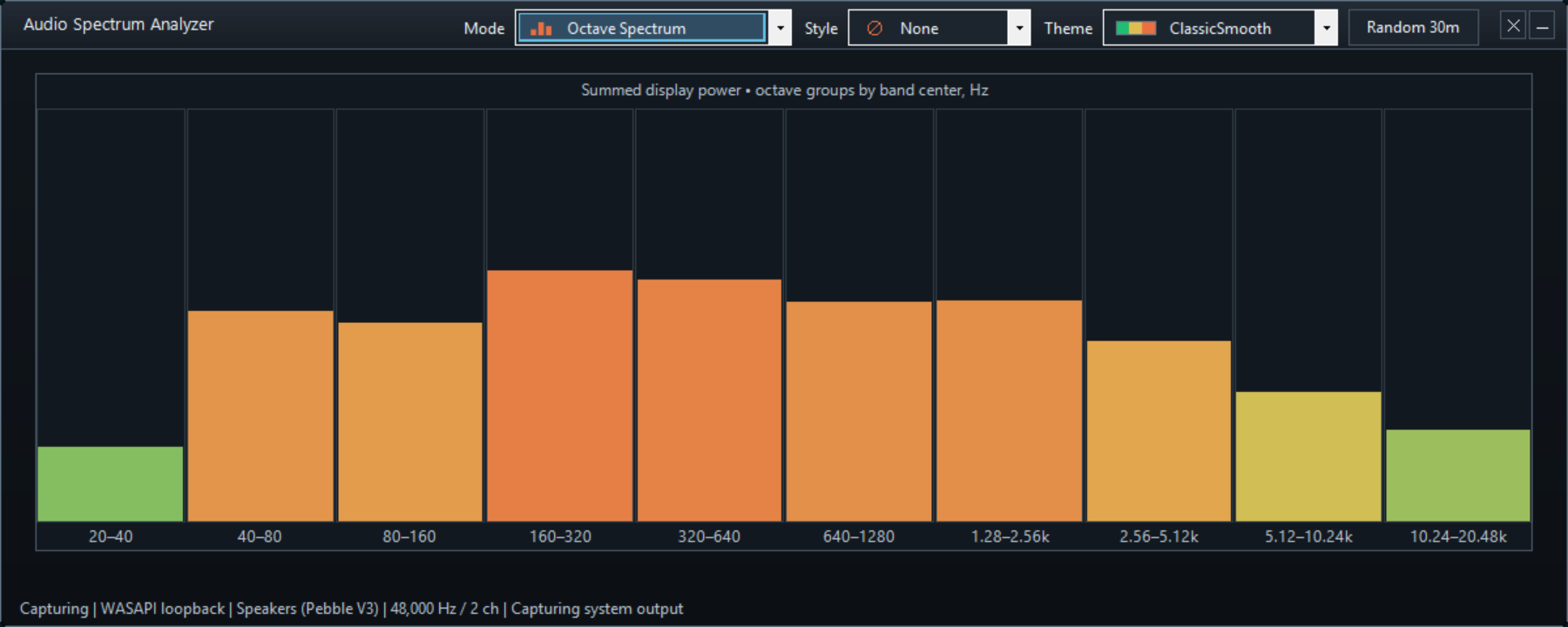 Octave Spectrum mode - Ten grouped octave meters in Spectrum audio analyzer