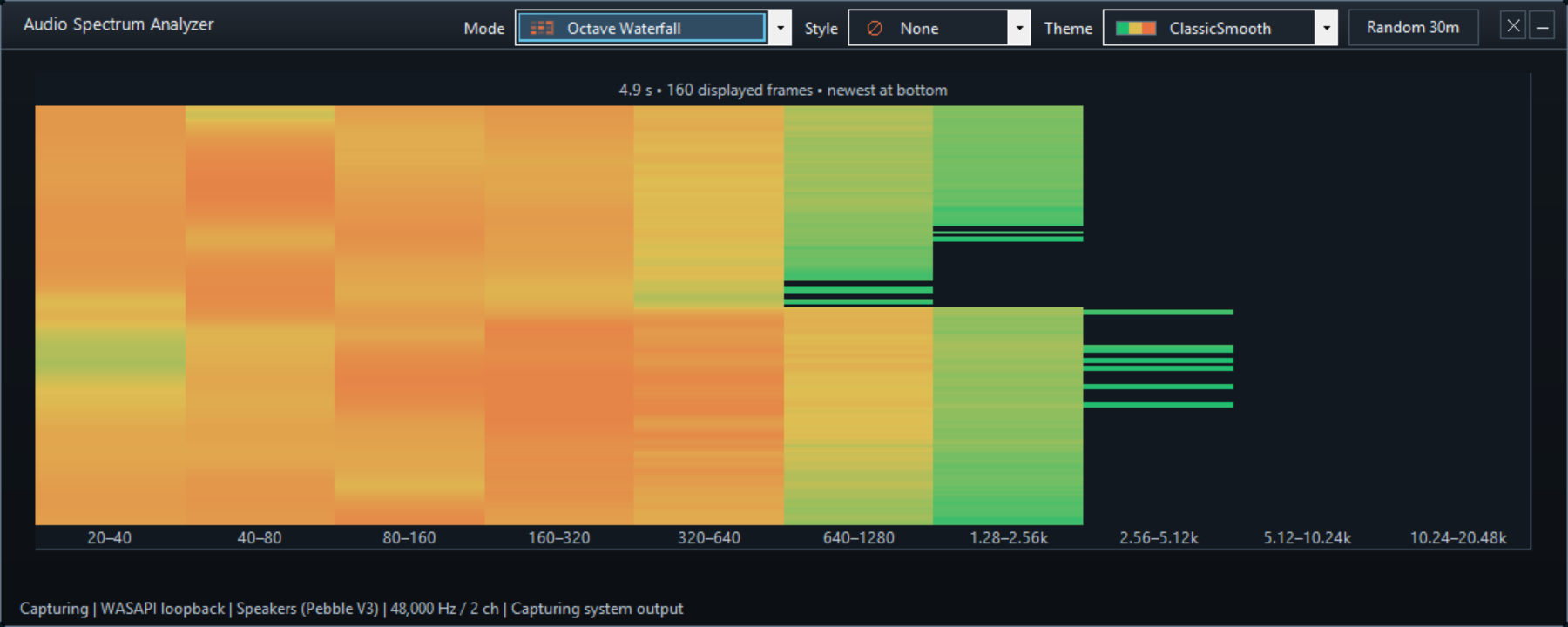 Octave Waterfall mode - Scrolling grouped-octave history in Spectrum audio analyzer