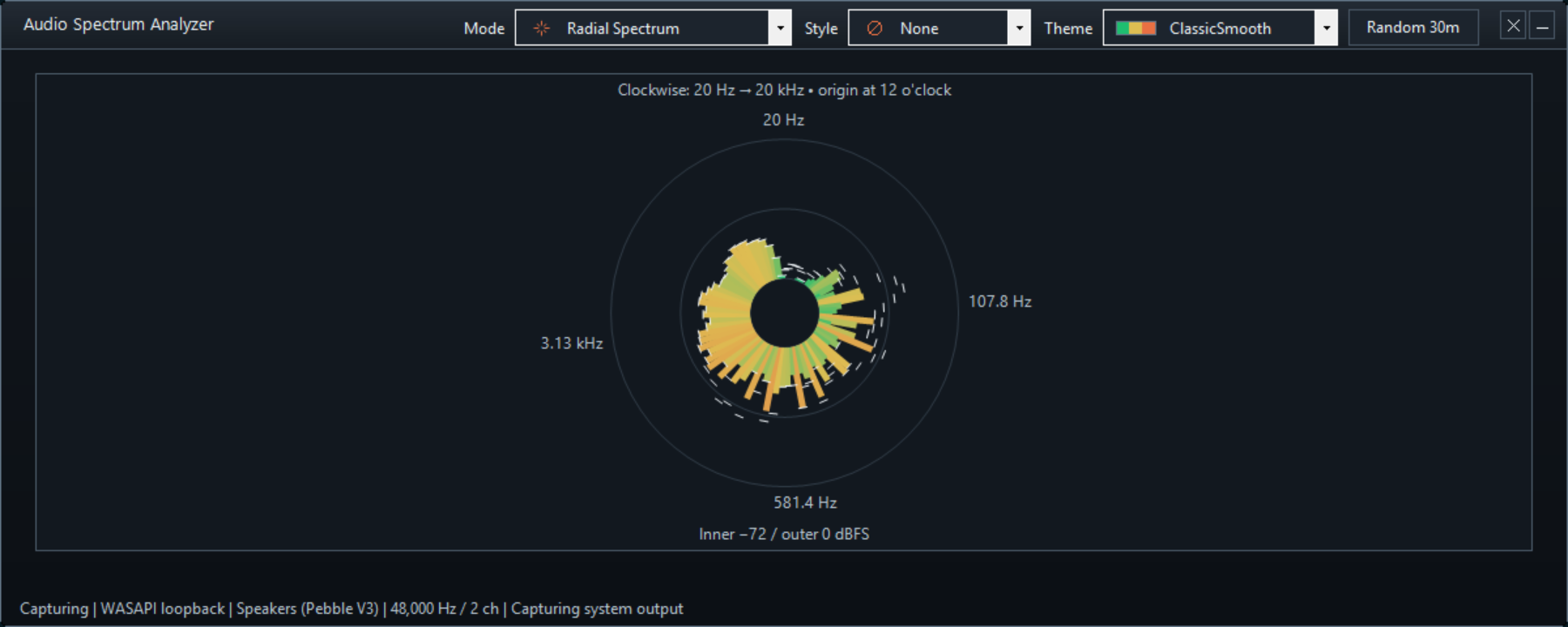 Radial Spectrum mode - Frequency bands arranged in a circle in Spectrum audio analyzer