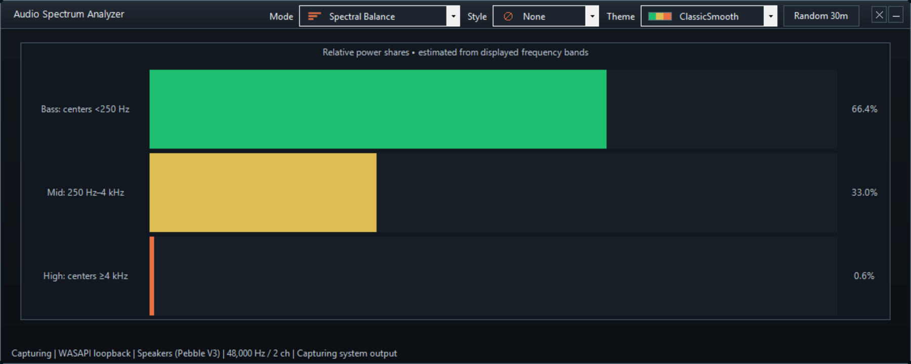 Spectral Balance mode - Bass / mid / high share estimate in Spectrum audio analyzer