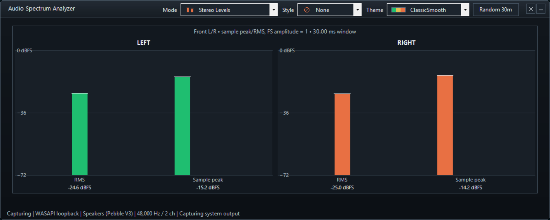 Stereo Levels mode - Front L/R RMS and sample peaks in Spectrum audio analyzer