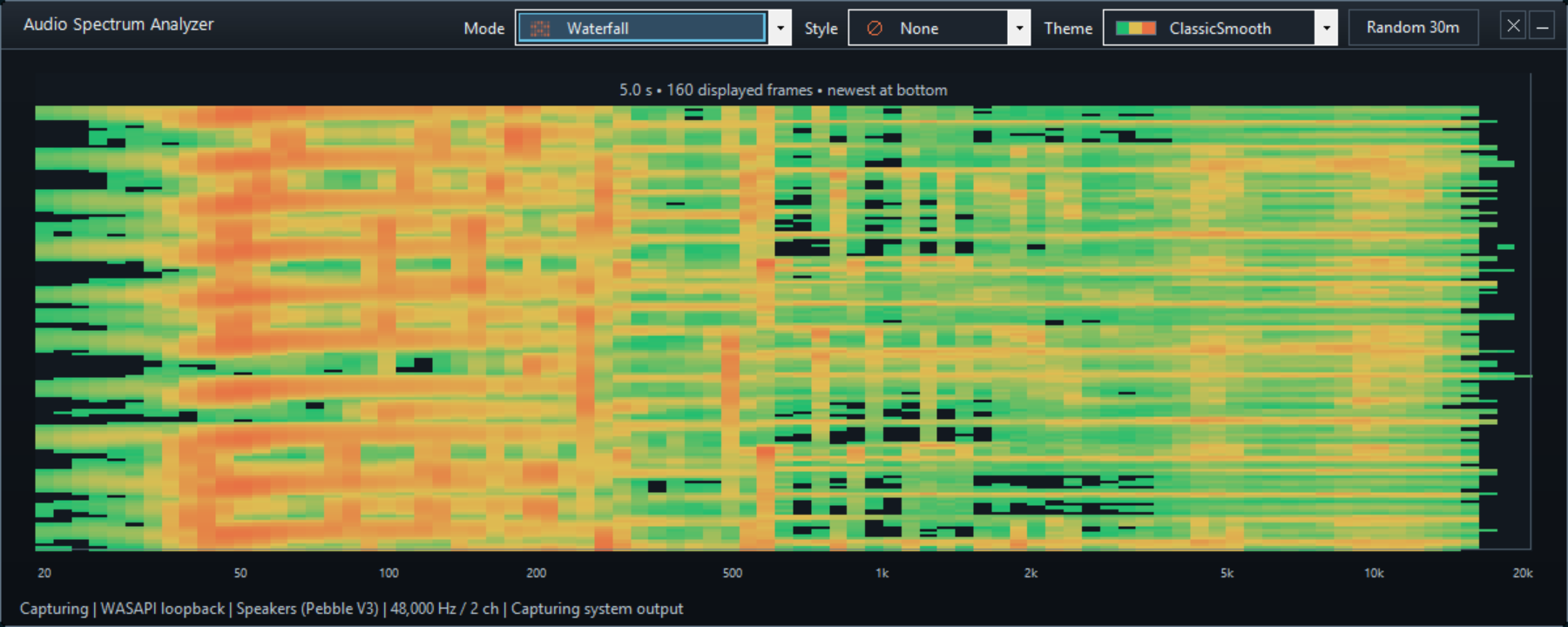 Waterfall mode - Scrolling spectrogram-style history in Spectrum audio analyzer